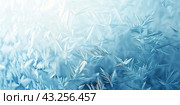 Winter frost patterns on glass. Ice crystals. Abstract light blank cold winter background or wallpaper. Frost patterns on frozen window. Frosted glass. Freezing effect. Frostwork. Harsh season. Cold. Стоковое AI-изображение, AI-художник Марина Демидюк / Фотобанк Лори