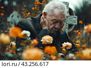 Пожилой мужчина горюет у могилы на кладбище. Стоковое AI-изображение, AI-художник Щеголева Ольга / Фотобанк Лори