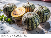 Close-up of fresh yellow watermelons. Delicious berries and fruits are bright yellow in color with drops of water. Vegetarianism. Healthy eating. Fresh fruits on the table. Стоковое AI-изображение, AI-художник Photojuli / Фотобанк Лори