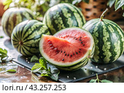 Close-up of fresh watermelon berries. Delicious berries and fruits of bright red color with drops of water. Vegetarianism. Healthy eating. Fresh fruits on the table. Стоковое AI-изображение, AI-художник Photojuli / Фотобанк Лори