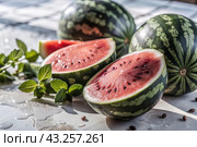 Close-up of fresh watermelon berries. Delicious berries and fruits of bright red color with drops of water. Vegetarianism. Healthy eating. Fresh fruits on the table. Стоковое AI-изображение, AI-художник Photojuli / Фотобанк Лори