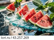 Close-up of fresh watermelon berries. Delicious berries and fruits of bright red color with drops of water. Vegetarianism. Healthy eating. Fresh fruits on the table. Стоковое AI-изображение, AI-художник Photojuli / Фотобанк Лори