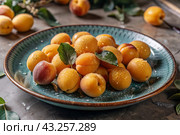 Close-up of fresh apricots. Delicious berries and fruits are bright yellow in color with drops of water. Vegetarianism. Healthy eating. Fresh fruits on the table. Стоковое AI-изображение, AI-художник Photojuli / Фотобанк Лори
