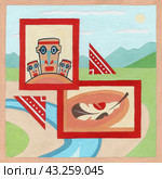 Коллаж с индейцами. Collage with Indian motifs, wooden idol and feathers on a prairie background.  Hand drawn illustration in cartoon style. Стоковая иллюстрация, иллюстратор Карнаухова Елена / Фотобанк Лори