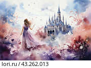 A young girl in a purple dress standing against the backdrop of a fairytale castle. Her hair is blowing in the wind and she is holding an open book in her hand. A sea of ​​colors rages around her, creating the impression of a magical world filled with dreams and fantasies. The castle in the distance looks majestic and sublime, its towers point to the sky. The overall color scheme of the image consists of soft pastel tones that give the scene an airiness and lightness. The atmosphere of the picture is permeated with a sense of wonder and magic. Стоковое AI-изображение, AI-художник Анна Кривицкая / Фотобанк Лори
