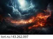 A dramatic scene depicting the clash of elements. The dark sky with thick clouds and glimpses of light contrasts with the fiery lava bursting from the ground. Orange-red flames mix with black smoke and ash, creating a feeling of apocalypse and natural power. The rocks and ground are covered in signs of destruction and ash, giving the scene a harsh and majestic appearance. In the distance you can see small silhouettes of people, adding scale and drama to what is happening. Стоковое AI-изображение, AI-художник Анна Кривицкая / Фотобанк Лори
