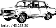 Contour car Lada VAZ 2105 sketch. Outline drawing of old sedan auto. Редакционная иллюстрация, иллюстратор Константин Григорьев / Фотобанк Лори