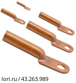 Медные электрические соединительные клеммы разного размера на белом фоне. Copper electric terminals of different size. Стоковое фото, фотограф Татьяна Д / Фотобанк Лори