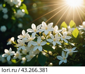 Jasmine Jasminum officinale in olive family of Oleaceae cultivated for tea fragrance. White flowers with yellow centers, blooming on a bush with green leaves. Sun shines brightly in background. AI. Стоковая иллюстрация, иллюстратор Юлия Петровская / Фотобанк Лори