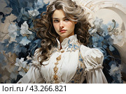 A young woman with long curly hair, dressed in an elegant white dress with rich gold and blue ornaments. In the background there are large flowers of blue and white, which give the picture sophistication and sophistication. The woman looks confident and calm, her gaze is directed directly at the viewer, which creates a feeling of interaction and involvement. Light colors and delicate tones emphasize her beauty and femininity. This image is ideal for use in fashion magazines, cosmetics advertising, and artistic and literary projects related to beauty and elegance. Стоковое AI-изображение, AI-художник Анна Кривицкая / Фотобанк Лори