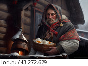An elderly man standing near a wooden house in winter. He is dressed in traditional Russian winter clothes: a warm kaftan and a fur hat thrown over his head. Traces of frost are visible on his face, and his beard is covered with frost. A man is holding a basket of food, probably pies or other baked goods. In the background you can see a wooden building decorated with snow and a small lantern illuminating the porch of the house. Стоковое AI-изображение, AI-художник Анна Кривицкая / Фотобанк Лори