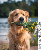 A shaggy red dog is sitting with a bouquet of flowers waiting for the hostess. The concept of canine devotion and love. Стоковое AI-изображение, AI-художник Ярославский Максим / Фотобанк Лори