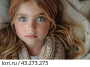 Close-up portrait of nice-looking attractive lovely winsome cheerful cheery little girl with long hair and headband on the head. Стоковое AI-изображение, AI-художник Ирина Михайличенко / Фотобанк Лори