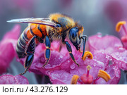 Honey Bee (Apis mellifera) pollinating apple blossoms. A bee collecting pollen and nectar from flower. Macro shot with selective focus. Стоковое AI-изображение, AI-художник Ирина Михайличенко / Фотобанк Лори