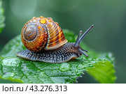 Macro beautiful lovely snail in grass with morning dew. Snail Muller gliding on the wet leaves. Large white mollusk snails with brown striped shell. Стоковое AI-изображение, AI-художник Ирина Михайличенко / Фотобанк Лори