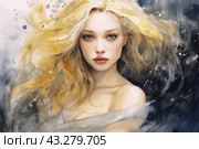 A young woman with long, wavy blond hair that flutters in the wind. She has large, expressive blue eyes, well-defined lips and fair skin. The background is in an abstract style with dark and light spots, which gives the image an artistic and dreamy look. The woman looks directly into the camera, creating a feeling of depth and mystery. Стоковое AI-изображение, AI-художник Анна Кривицкая / Фотобанк Лори
