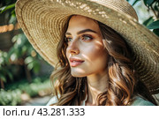 Summer vacation on the beach, Close-up of a beautiful woman in a straw hat. Summer time. Rest and vacation, a place to copy. Стоковое AI-изображение, AI-художник Photojuli / Фотобанк Лори