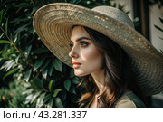 Summer vacation on the beach, Close-up of a beautiful woman in a straw hat. Summer time. Rest and vacation, a place to copy. Стоковое AI-изображение, AI-художник Photojuli / Фотобанк Лори