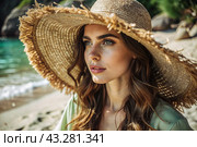 Summer vacation on the beach, Close-up of a beautiful woman in a straw hat. Summer time. Rest and vacation, a place to copy. Стоковое AI-изображение, AI-художник Photojuli / Фотобанк Лори