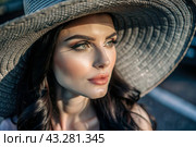Summer vacation on the beach, Close-up of a beautiful woman in a straw hat. Summer time. Rest and vacation, a place to copy. Стоковое AI-изображение, AI-художник Photojuli / Фотобанк Лори