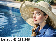 Summer vacation on the beach, Close-up of a beautiful woman in a straw hat. Summer time. Rest and vacation, a place to copy. Стоковое AI-изображение, AI-художник Photojuli / Фотобанк Лори