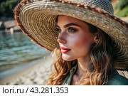 Summer vacation on the beach, Close-up of a beautiful woman in a straw hat. Summer time. Rest and vacation, a place to copy. Стоковое AI-изображение, AI-художник Photojuli / Фотобанк Лори