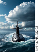 Scene of surfaced unknown nuclear submarine at north waters in open sea/ocean. Sub military control of sea, protection of water. Naval forces army, military war technology concept. Copy ad text space. Стоковое AI-изображение, AI-художник Aleksandr Golubev / Фотобанк Лори