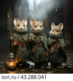 Three adorable little mice dressed as medieval wanderers or adventurers. They are standing on a cobbled street in an ancient town with Gothic architecture in the background. The mice are dressed in green cloaks with hoods, leather belts with bags and boots. One of them holds a lantern to illuminate their path, while the others hold staves and magic wands. The atmosphere of the painting is reminiscent of a scene from a fairy tale or fantasy world, creating a sense of adventure and magic. Стоковое AI-изображение, AI-художник Анна Кривицкая / Фотобанк Лори