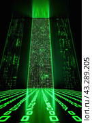 A bright green light illuminates a maze of numeric symbols in the midst of darkness. Стоковое AI-изображение, AI-художник Юрий Поздников / Фотобанк Лори