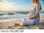 Relaxation, peace of mind, sea air. Close-up of the tummy. A pregnant woman on the beach by the sea. The concept of pregnancy, childbirth and parental responsibilities. Стоковое AI-изображение, AI-художник Photojuli / Фотобанк Лори
