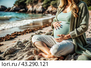 Relaxation, peace of mind, sea air. Close-up of the tummy. A pregnant woman on the beach by the sea. The concept of pregnancy, childbirth and parental responsibilities. Стоковое AI-изображение, AI-художник Photojuli / Фотобанк Лори