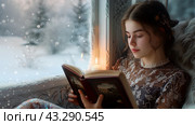 Девушка читает книгу у окна. Зима, сумерки, горит свеча. Стоковое AI-изображение, AI-художник Щеголева Ольга / Фотобанк Лори