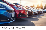 A modern car dealership office. The business concept of car sales and rentals. The new car is parked in a modern car dealership. The concept of car leasing and insurance. An electric car. Стоковое AI-изображение, AI-художник Терехова Марина / Фотобанк Лори