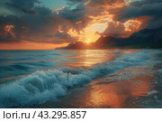 Magnificent seascape at sunset. The sun had almost disappeared below the horizon, painting the sky and clouds in warm shades of orange and gold. The waves gently roll onto the shore, reflecting the vibrant colors of the sunset. In the distance, silhouettes of mountains are visible, creating an impressive contrast with the softness of the water. The water sparkles in the rays of the setting sun, and the sky is covered with dramatic clouds, enhancing the effect of the peace and beauty of nature. This image is ideal for illustrating themes related to nature, relaxation and aesthetic pleasure. Стоковое AI-изображение, AI-художник Анна Кривицкая / Фотобанк Лори