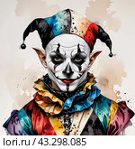 Портрет Арлекина, Джокера, клоуна. Акварель. Portrait of Harlequin, Joker, clown. Watercolor. Стоковое AI-изображение, AI-художник Гер Олег / Фотобанк Лори