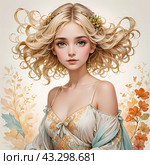 Акварель. Портрет милой  красивой девушки. Watercolor. Portrait of a cute beautiful girl. Стоковое AI-изображение, AI-художник Гер Олег / Фотобанк Лори
