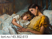 Мама с больным ребенком. Стоковое AI-изображение, AI-художник Щеголева Ольга / Фотобанк Лори