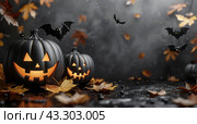 Spooky Halloween Bats Flying Over Jack OLanterns In A Dark Forest. Стоковое AI-изображение, AI-художник Юлия Гапеенко / Фотобанк Лори