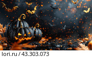Spooky Halloween Bats Flying Over Jack OLanterns In A Dark Forest. Стоковое AI-изображение, AI-художник Юлия Гапеенко / Фотобанк Лори