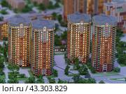 2019 - The architectural layout of new buldings on the Moscow city streets. Bird's eye view. Modern residential buildings. Concept of the city development. Top view. Редакционное фото, фотограф YuryKara / Фотобанк Лори