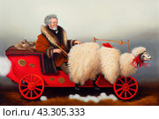 A man in ancient clothes sitting in a luxurious sleigh drawn by a sheep. The man is dressed in a fur coat and hat, and his face is decorated with a gray beard. The sleigh is red with gold decorative elements and has large red wheels. The sheep harnessed to the sleigh is decorated with red ribbons, adding to the comedy and eccentricity of the scene. The background of the image is blurred, which focuses attention on the main elements - the man, the sleigh and the sheep. This image combines a historical atmosphere with elements of humor and quirkiness. Стоковое AI-изображение, AI-художник Анна Кривицкая / Фотобанк Лори