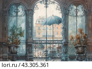 A scene with a view from a window of an ancient building, made in watercolor technique. Through the elegant wrought-iron grilles you can see an umbrella that protects from the rain. There are decorative columns around the window, and in the foreground there are two large flower pots with plants. Raindrops create an atmosphere of comfort and peace, despite the bad weather outside. Стоковое AI-изображение, AI-художник Анна Кривицкая / Фотобанк Лори
