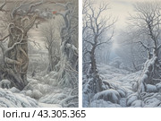 Two types of winter forest. On the left is a dark and ominous forest, with bare trees covered in snow. In the distance, the figure of a man in a dark cloak is visible, creating an atmosphere of mystery and tension. On the right is a winter forest with heavy snowfall, all the trees are covered with snow, creating a calm and cold atmosphere. Both images are done in a detailed style, conveying the beauty and harshness of winter nature. Стоковое AI-изображение, AI-художник Анна Кривицкая / Фотобанк Лори