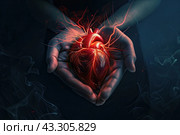 A glowing heart on a dark background in the hands of a man. The coGenerated by AI. Стоковое AI-изображение, AI-художник Ярославский Максим / Фотобанк Лори