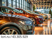 A modern car dealership office. The business concept of car sales and rentals. The new car is parked in a modern car dealership. The concept of car leasing and insurance. An electric car. Стоковое AI-изображение, AI-художник Photojuli / Фотобанк Лори