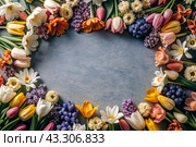 Beautiful floral background. A frame of spring flowers with tulips, daffodils, crocuses, hyacinths. View from above. Space for text. Стоковое AI-изображение, AI-художник Photojuli / Фотобанк Лори