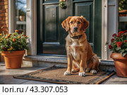 Animal care. The puppy sits patiently at the front door, looking forward to his master and walking with him. Стоковое AI-изображение, AI-художник Photojuli / Фотобанк Лори