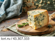 Cheese with mold, a slice of cheese with mold door blue or Roquefort on a cutting board. Delicious food. Стоковое AI-изображение, AI-художник Photojuli / Фотобанк Лори