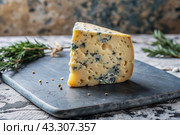 Cheese with mold, a slice of cheese with mold door blue or Roquefort on a cutting board. Delicious food. Стоковое AI-изображение, AI-художник Photojuli / Фотобанк Лори
