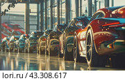 Автосалон с великолепным видом на выставленные на продажу автомобили. Автодилер с большим количеством автомобилей в помещении. Стоковое AI-видео, аниматор Терехова Марина / Фотобанк Лори